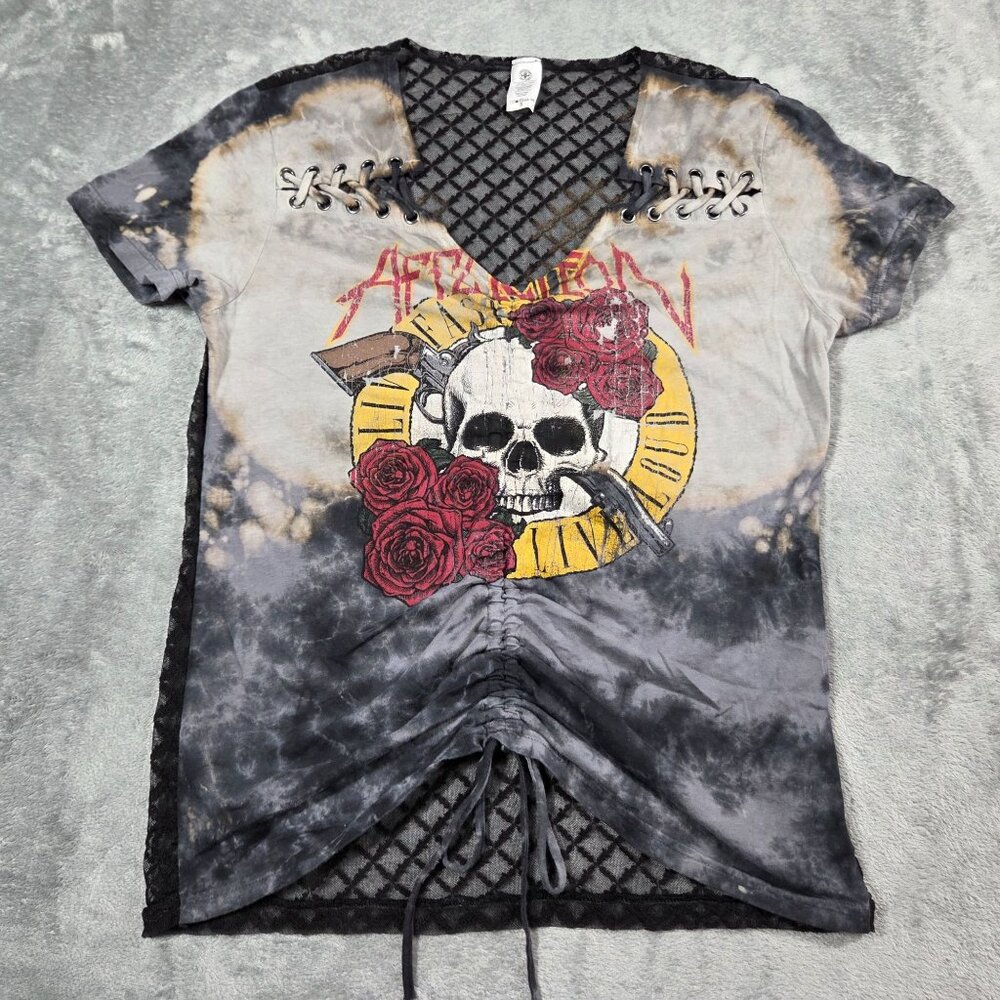 Affliction Top Womens S Black Gray Tie Dye Lace Back Skull Roses Gothic Grunge